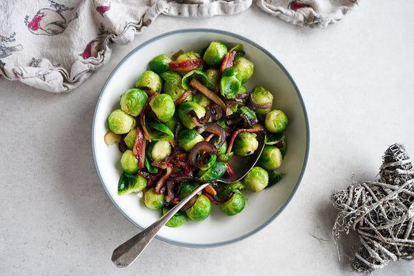 Sautéed Brussels Sprouts with Crispy Vegan Bacon - Hanna Sillitoe