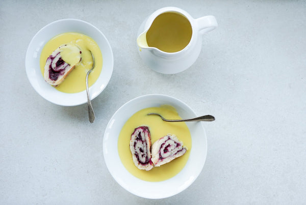 Jam Roly Poly with Vegan Custard